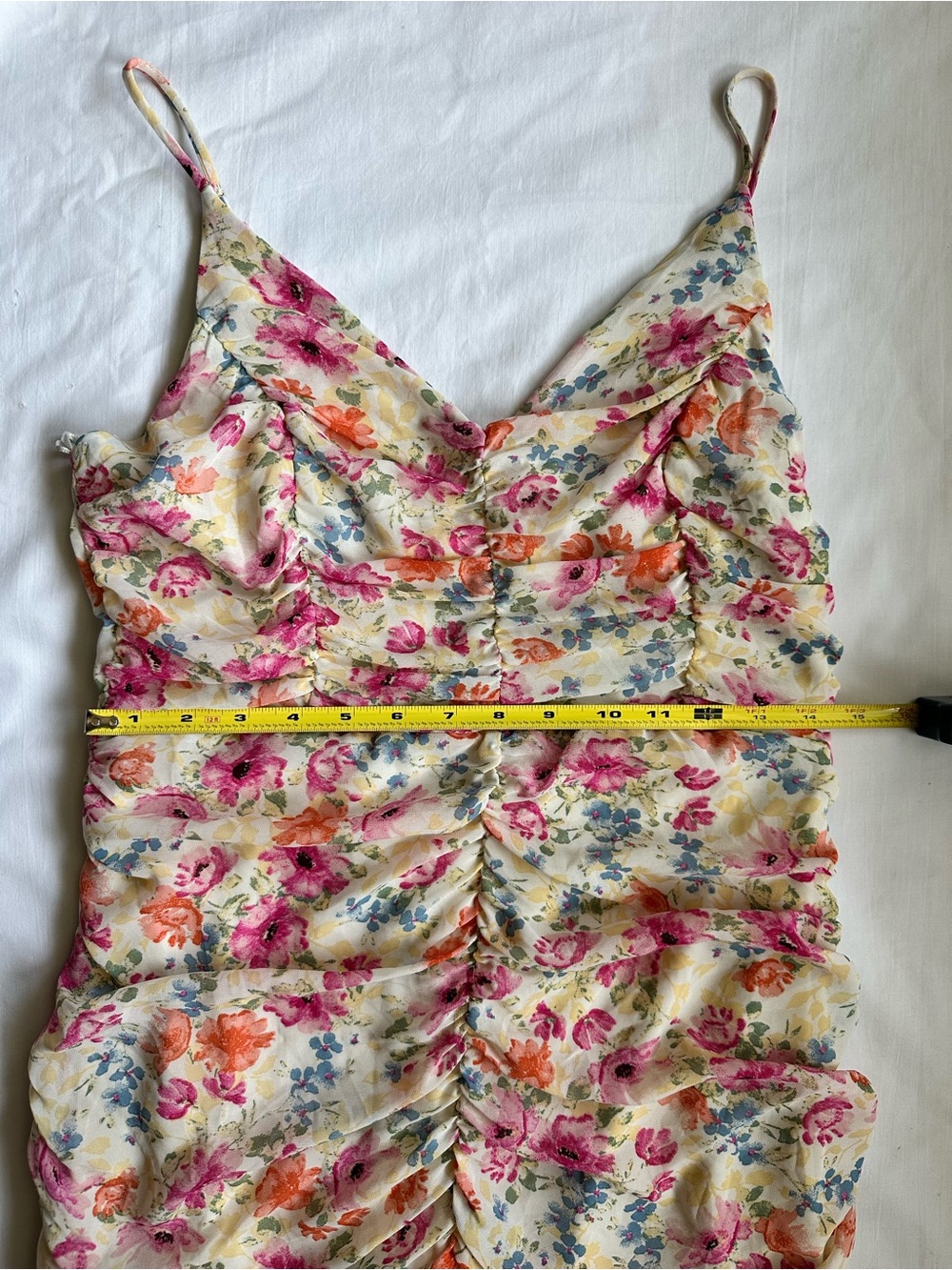 ASTR The Label Floral Ruched Flounce Mini Slip Dress -Cream Pink Blue Multicolor - Picture 7 of 14
